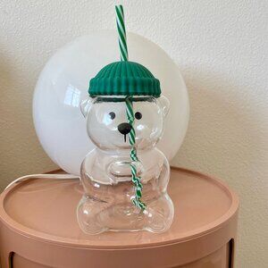 NWT Glass Bear Cup with Green Lid and Straw (Like Starbucks Bearista but BETTER)